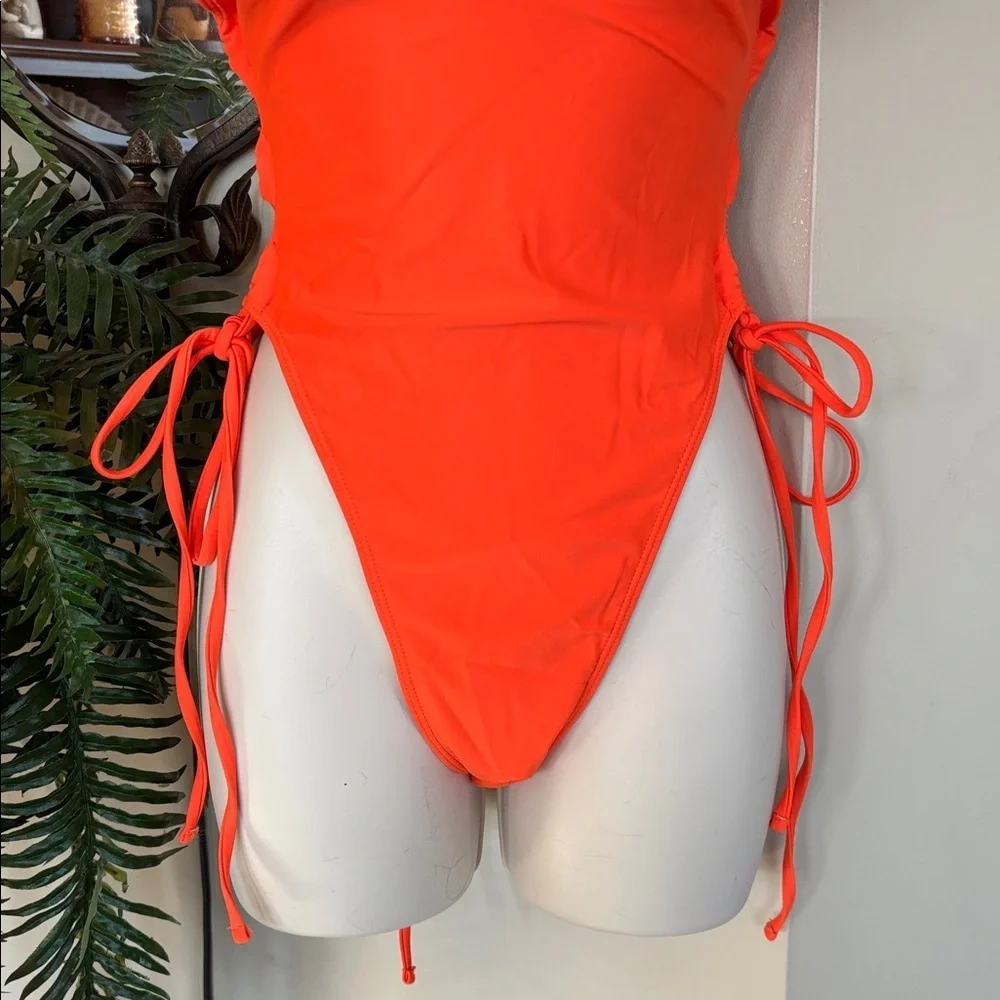 NWOT Orange Plunge One Piece Tie Back Swimsuit w/ Long Sleeve Ombre Mesh CoverUp